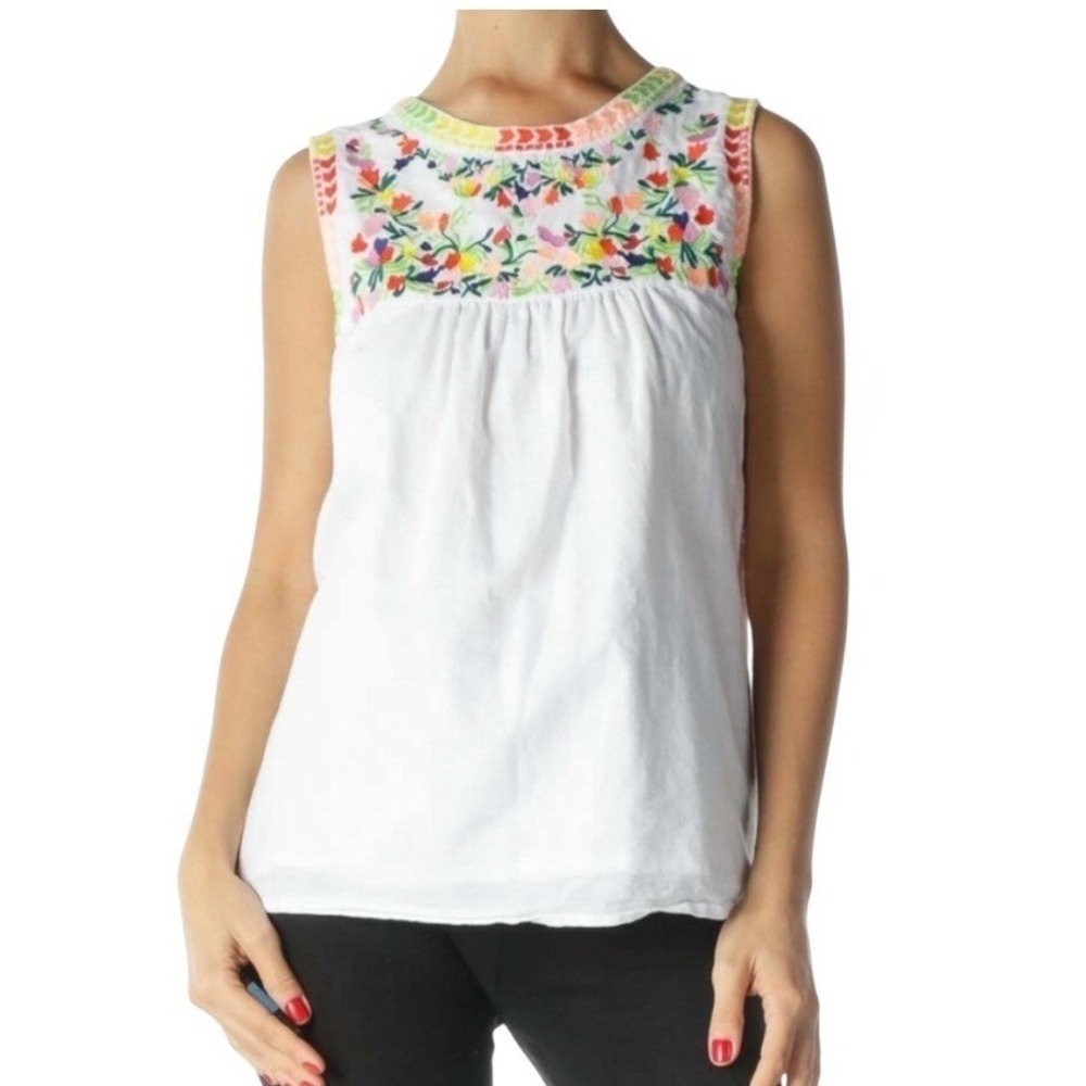 J.Crew Embroidered Linen Top Womens 2 White Floral Boho Sleeveless Blouse‎